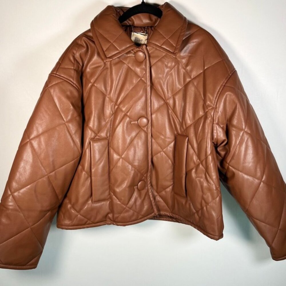 NWT ELIE TAHARI Faux Leather Button Front‎ Quilted Boxy Jacket Pockets LARGE - Picture 3 of 16